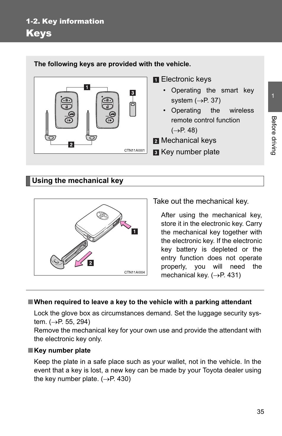 2. key information, Keys | TOYOTA 2010 Camry HV User Manual | Page 61 / 494