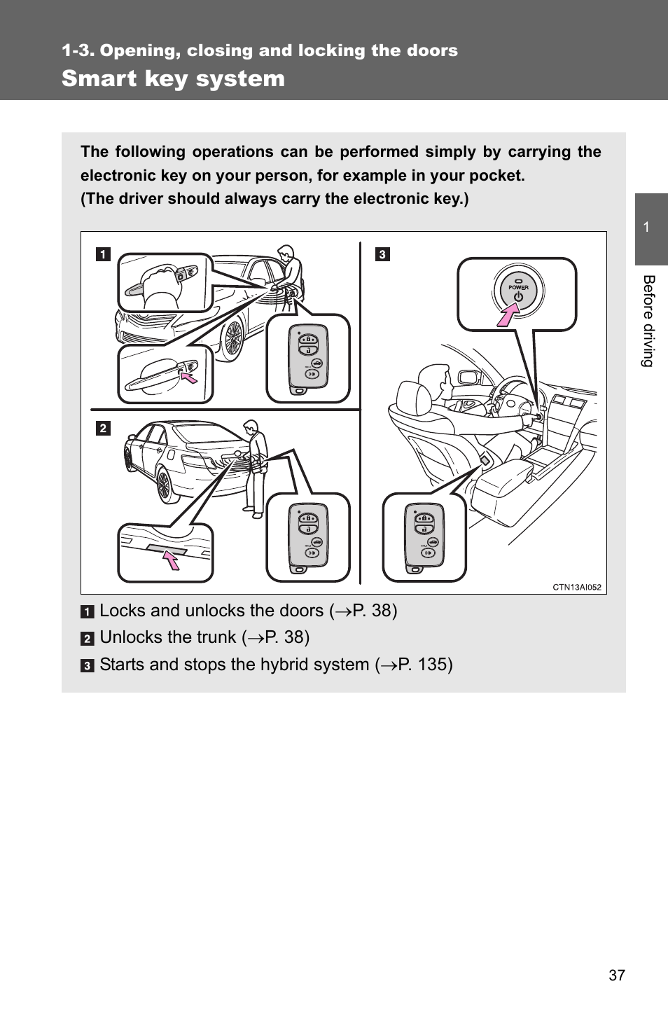 3. opening, closing and locking the doors, Smart key system | TOYOTA 2010 Camry HV User Manual | Page 63 / 494