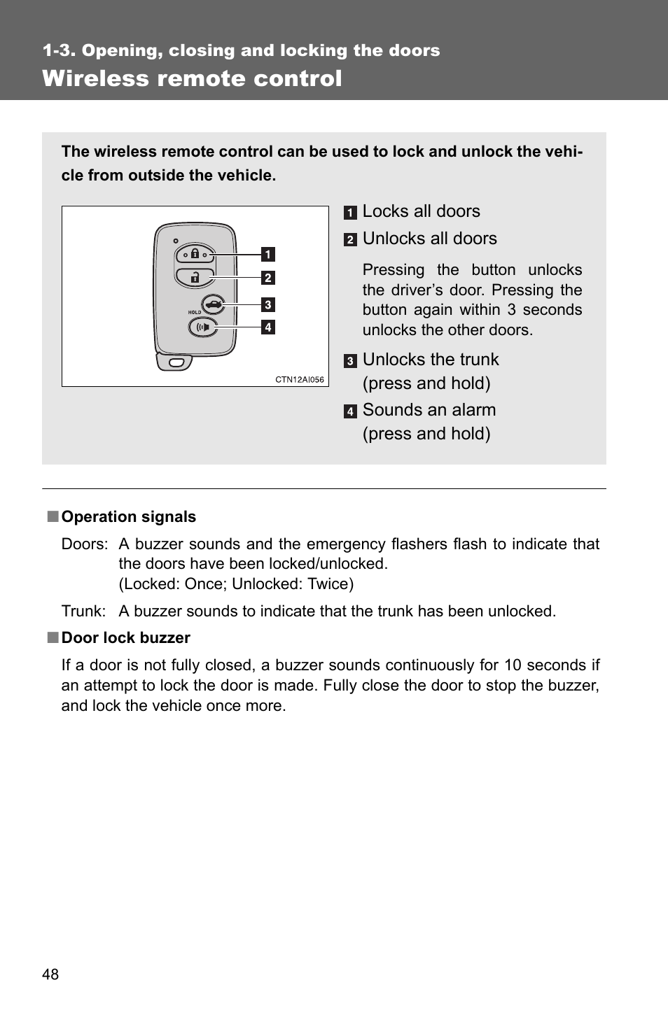 Wireless remote control | TOYOTA 2010 Camry HV User Manual | Page 74 / 494