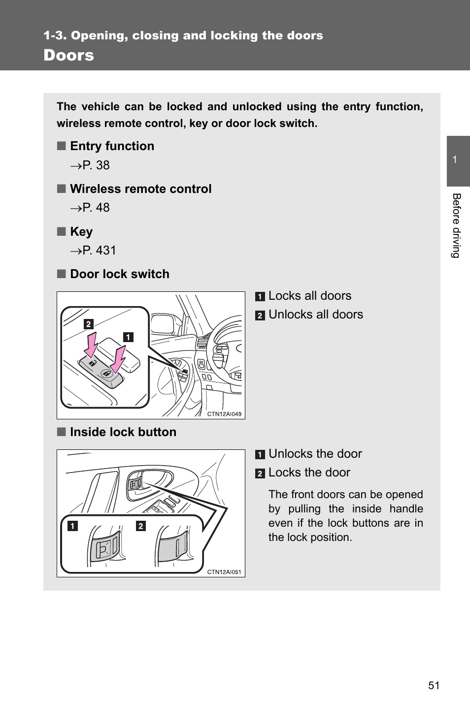 Doors | TOYOTA 2010 Camry HV User Manual | Page 77 / 494