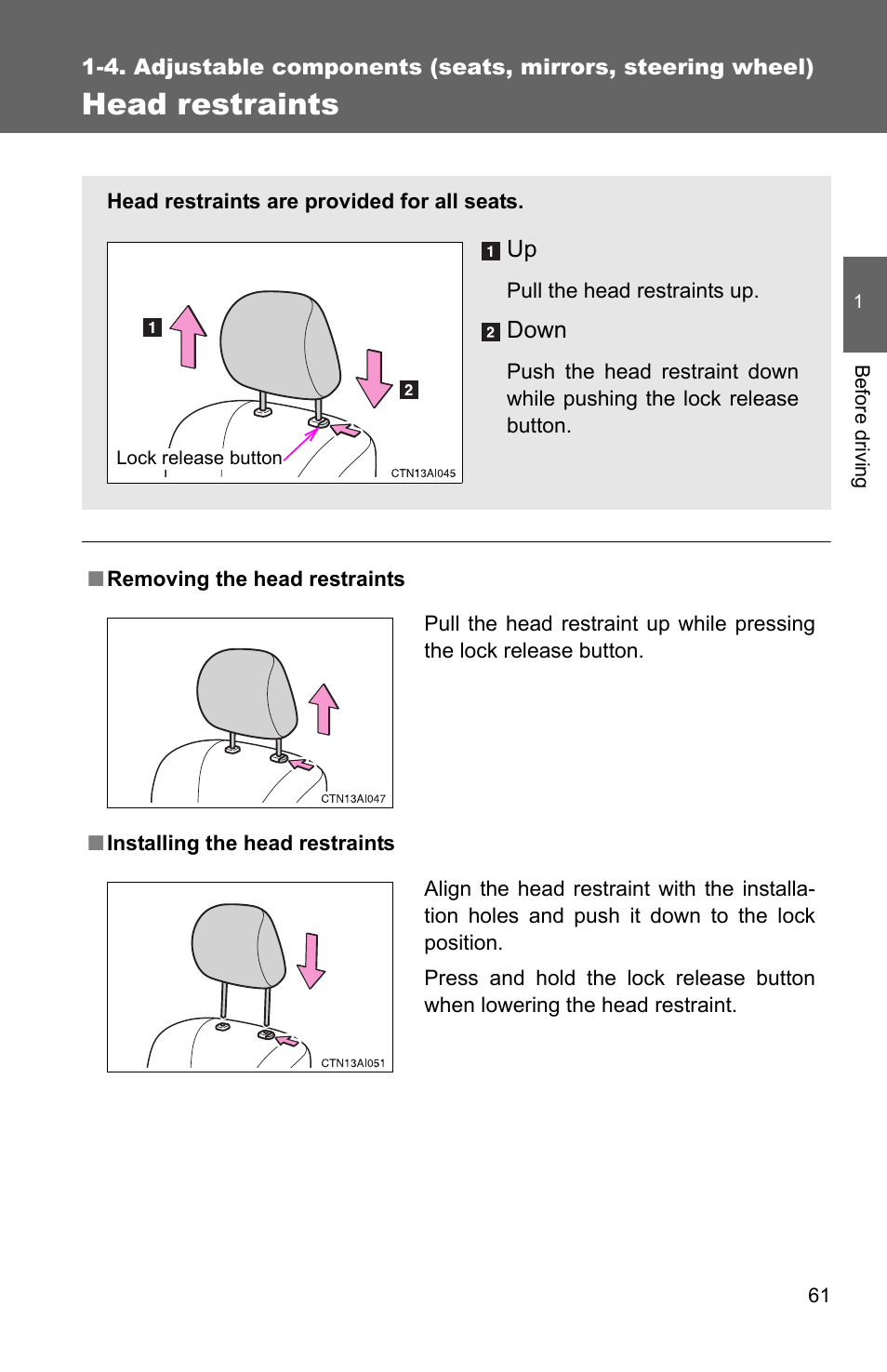 Head restraints | TOYOTA 2010 Camry HV User Manual | Page 87 / 494