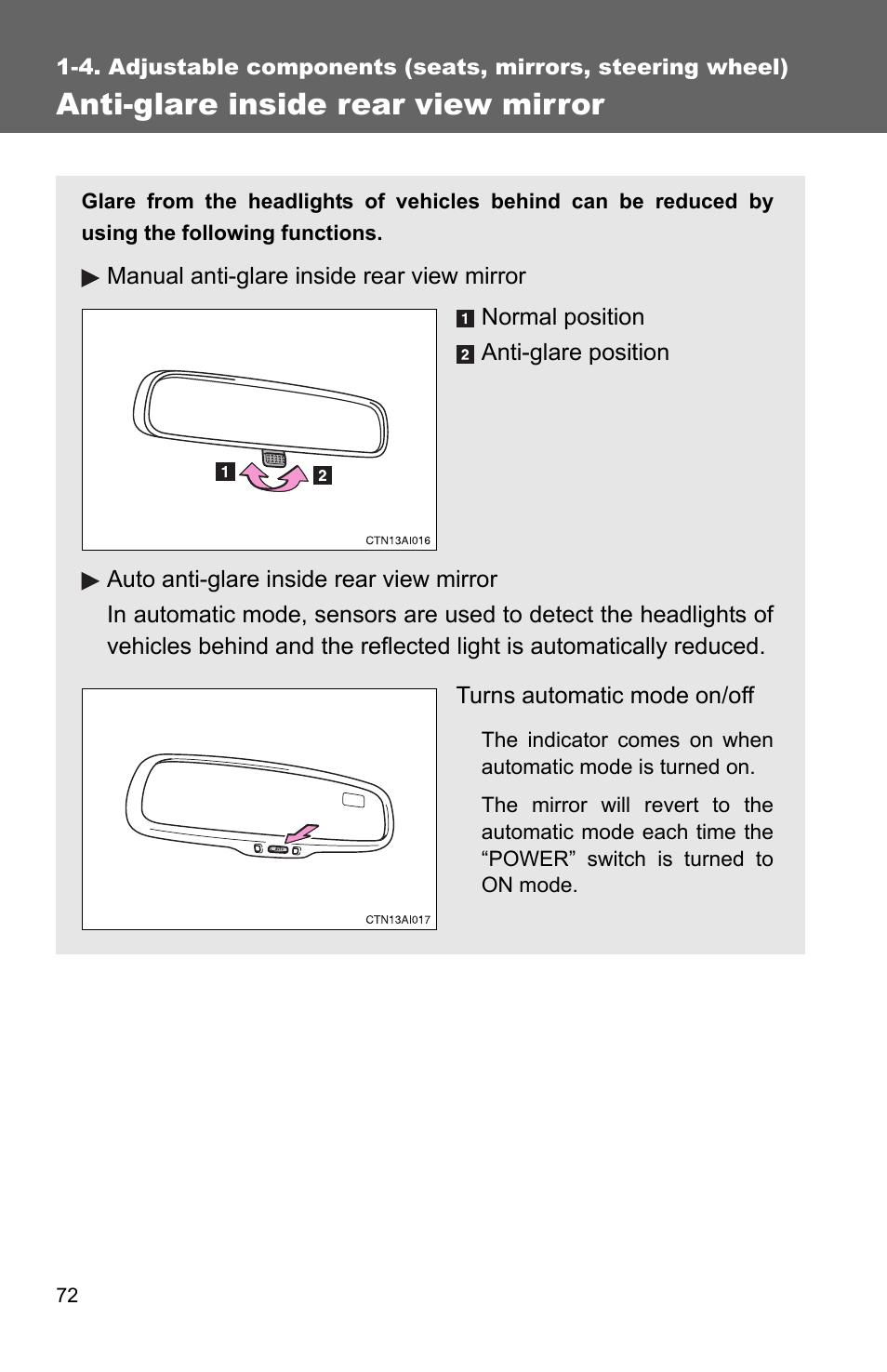 Anti-glare inside rear view mirror | TOYOTA 2010 Camry HV User Manual | Page 98 / 494