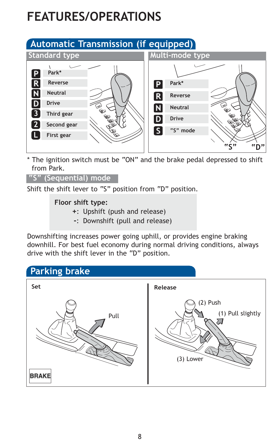 Features/operations, Automatic transmission (if equipped), Parking brake | TOYOTA 2010 Corolla User Manual | Page 10 / 470