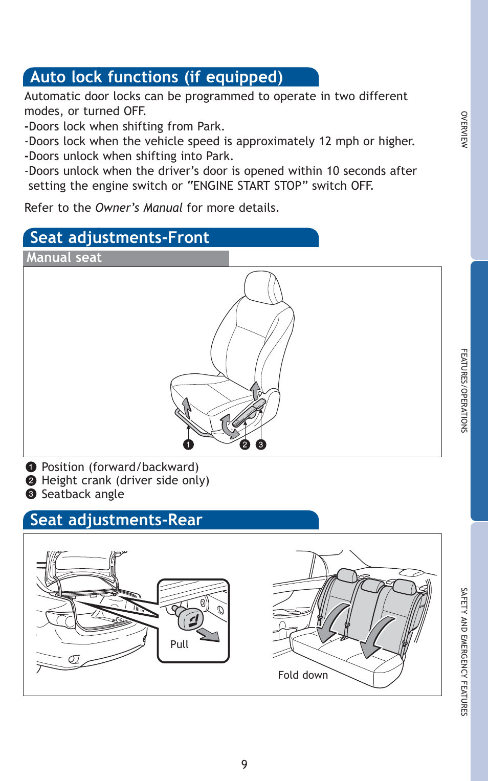 Auto lock functions (if equipped), Seat adjustments-rear seat adjustments-front, Manual seat | TOYOTA 2010 Corolla User Manual | Page 11 / 470