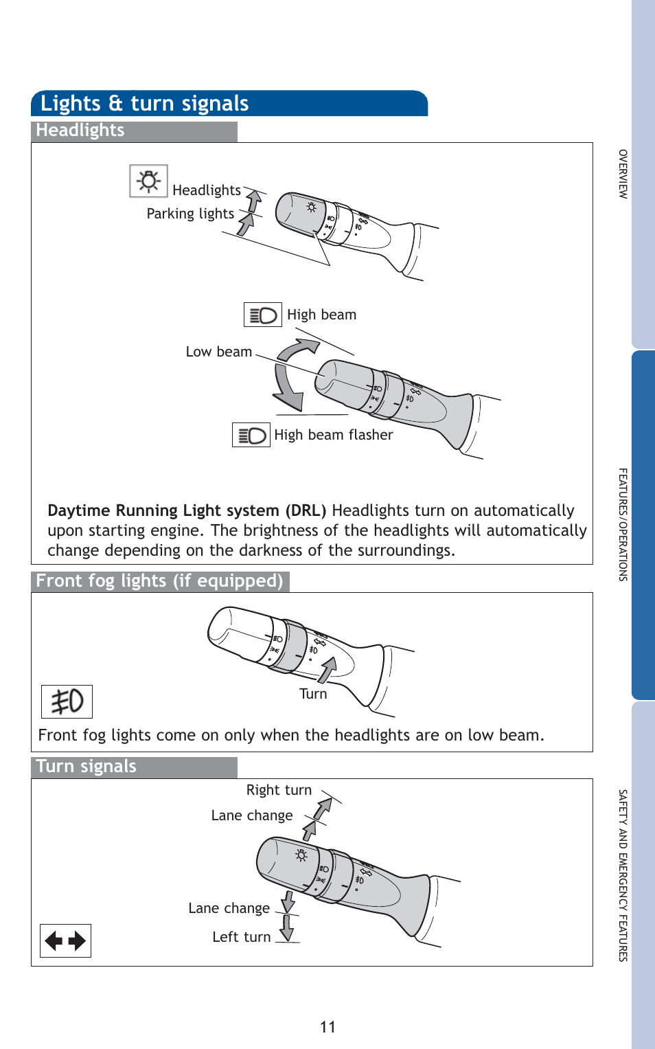 Lights & turn signals, Turn signals headlights, Front fog lights (if equipped) | TOYOTA 2010 Corolla User Manual | Page 13 / 470