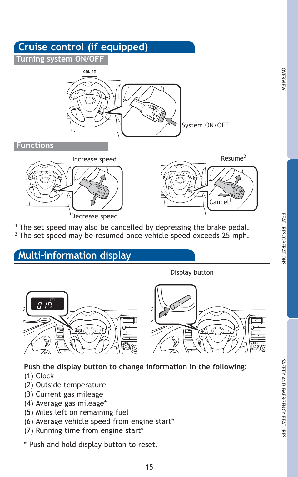 Cruise control (if equipped), Multi-information display, Functions | Turning system on/off | TOYOTA 2010 Corolla User Manual | Page 17 / 470