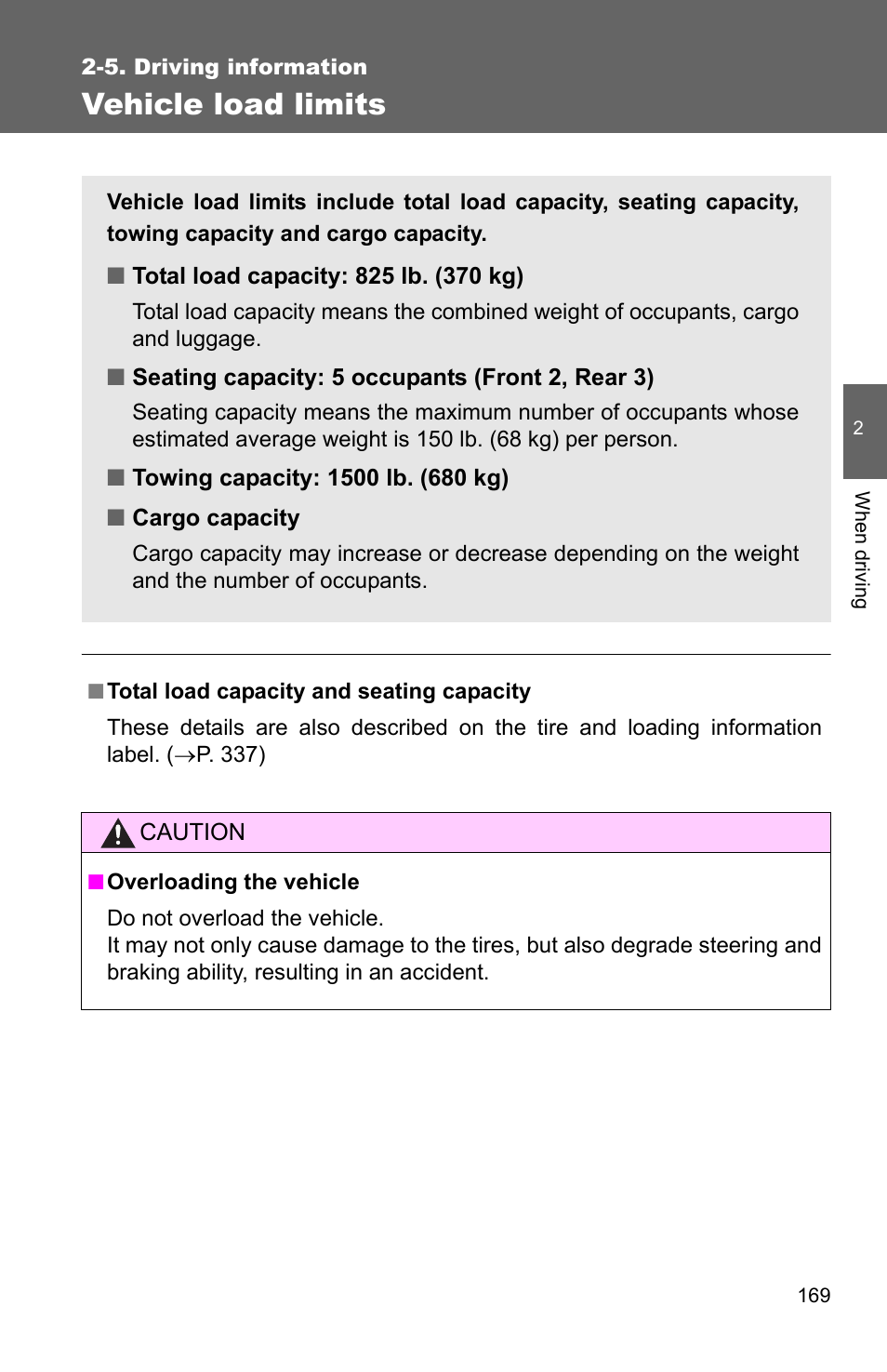 Vehicle load limits | TOYOTA 2010 Corolla User Manual | Page 178 / 470