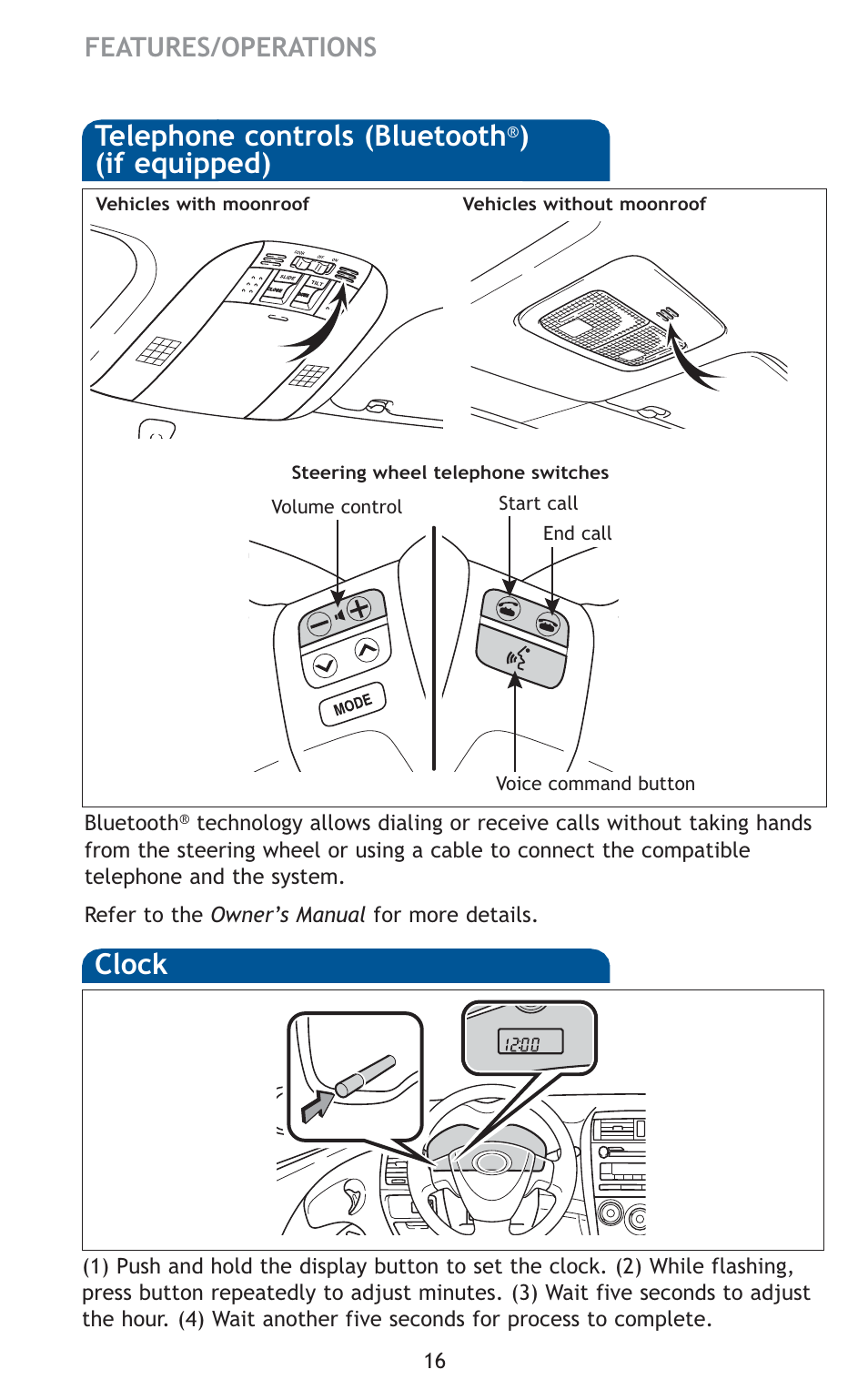 Telephone controls (bluetooth, If equipped), Clock | Features/operations | TOYOTA 2010 Corolla User Manual | Page 18 / 470