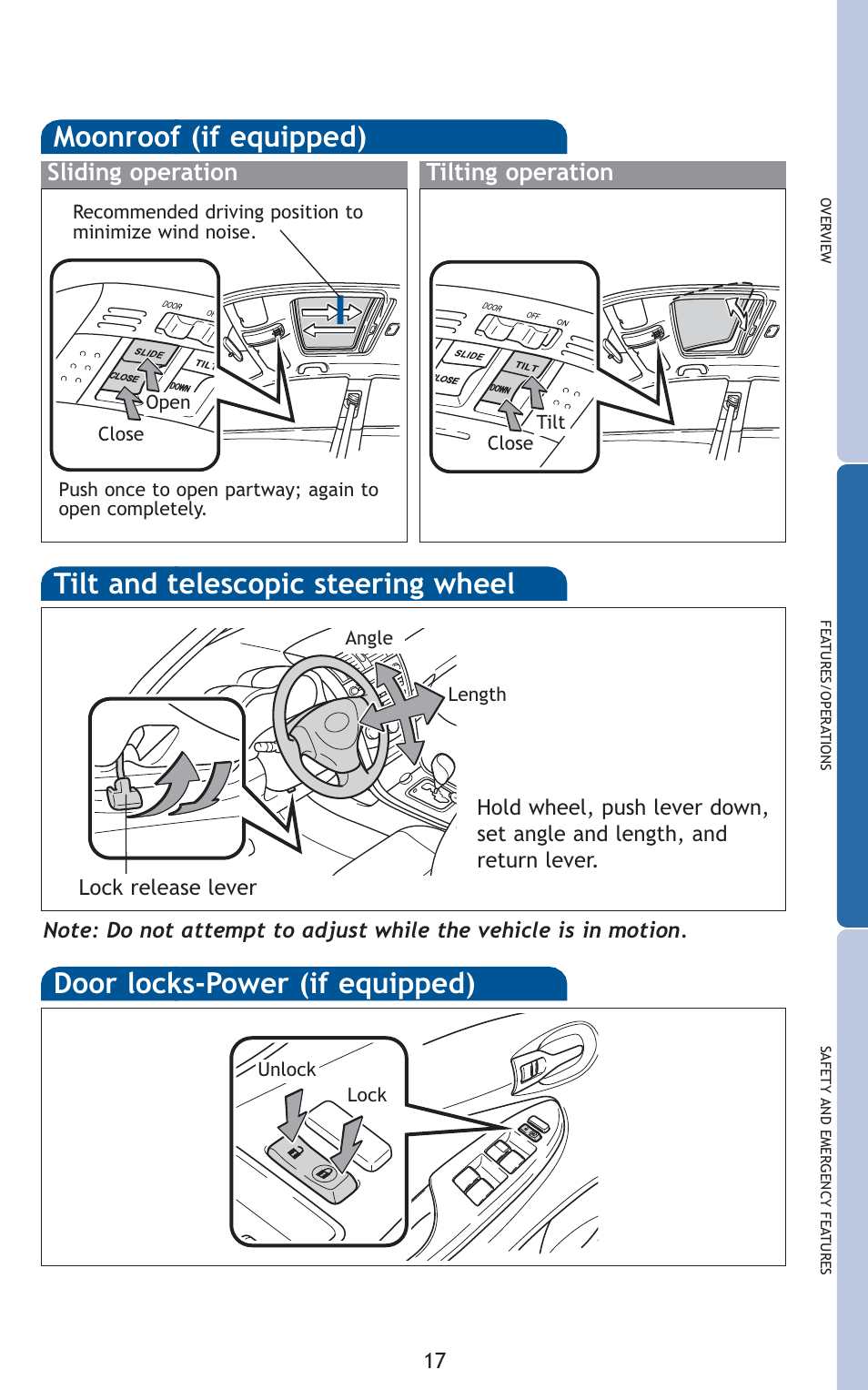 Tilt and telescopic steering wheel, Door locks-power (if equipped), Moonroof (if equipped) | Sliding operation tilting operation | TOYOTA 2010 Corolla User Manual | Page 19 / 470