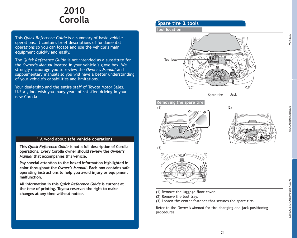 2010 corolla, Spare tire & tools | TOYOTA 2010 Corolla User Manual | Page 2 / 470