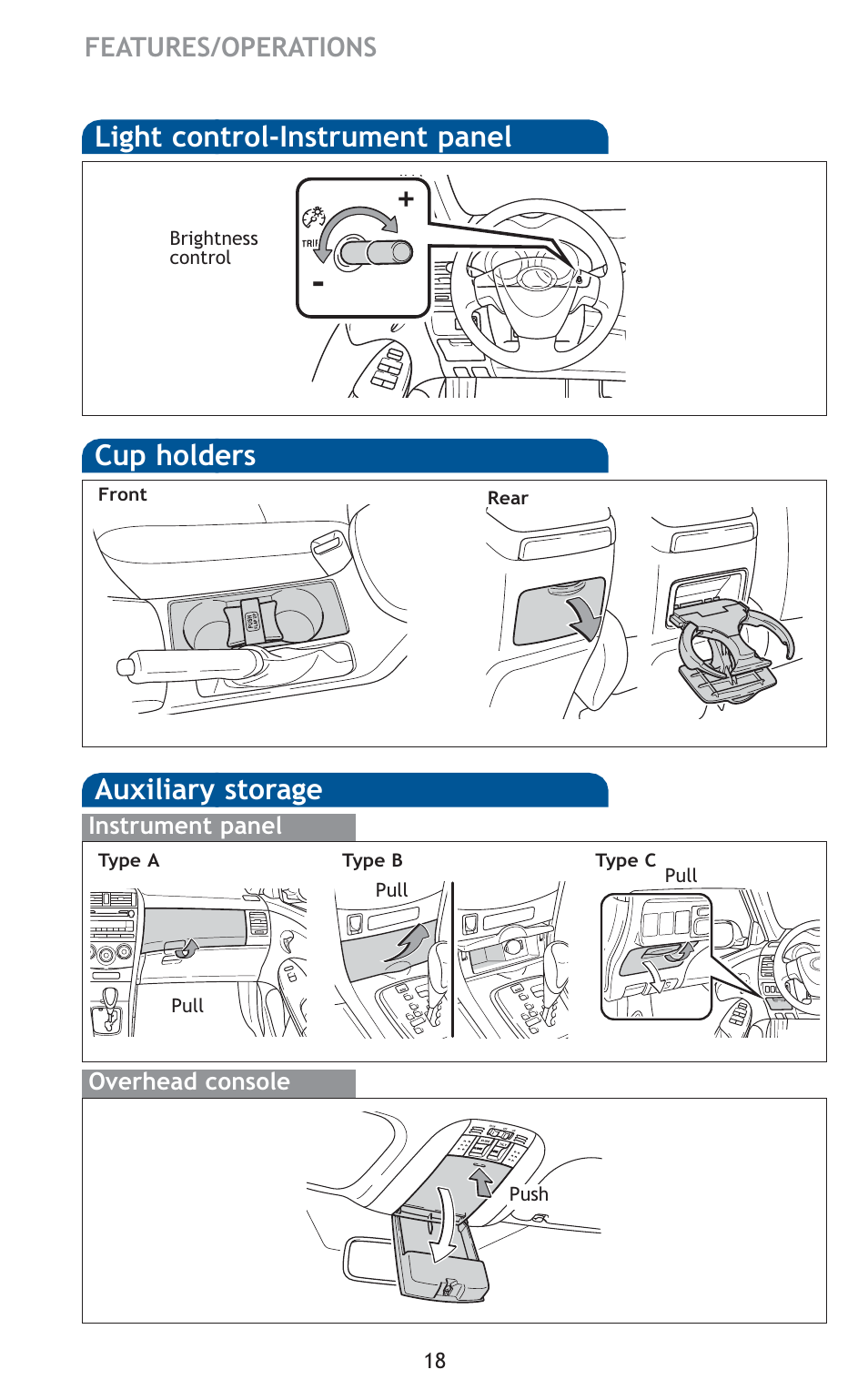 Cup holders, Auxiliary storage, Light control-instrument panel | TOYOTA 2010 Corolla User Manual | Page 20 / 470