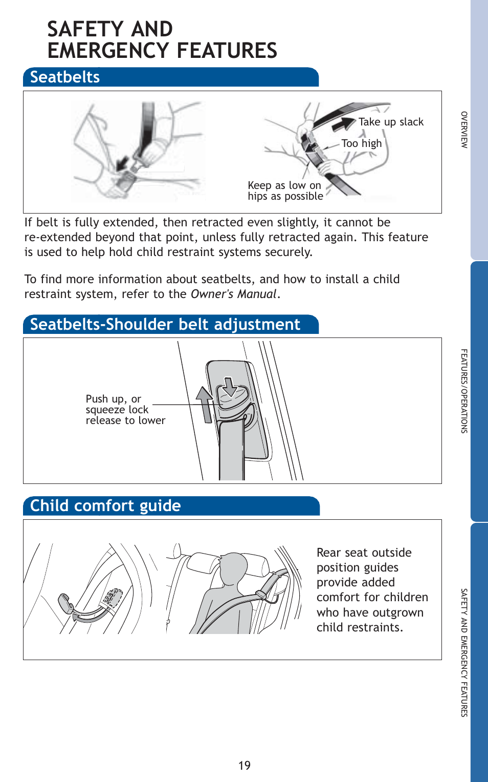 Safety and emergency features, Seatbelts, Seatbelts-shoulder belt adjustment | Child comfort guide | TOYOTA 2010 Corolla User Manual | Page 21 / 470