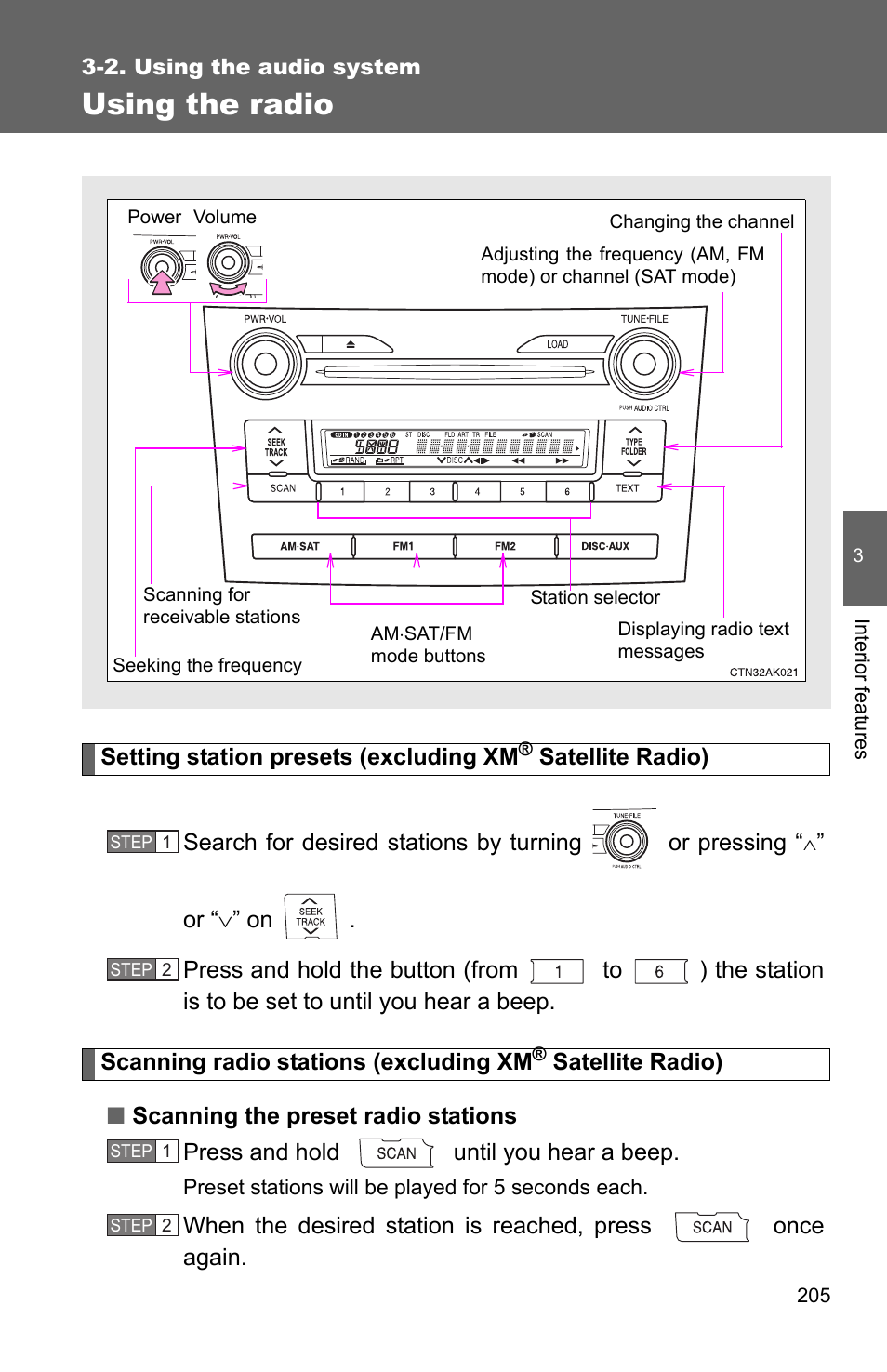 P. 205, Using the radio | TOYOTA 2010 Corolla User Manual | Page 213 / 470