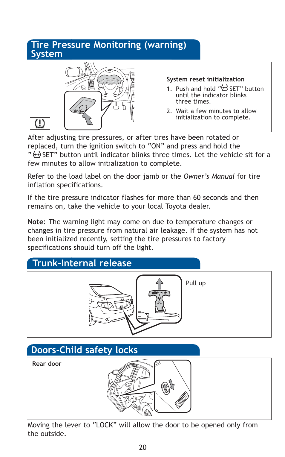 Trunk-internal release | TOYOTA 2010 Corolla User Manual | Page 22 / 470