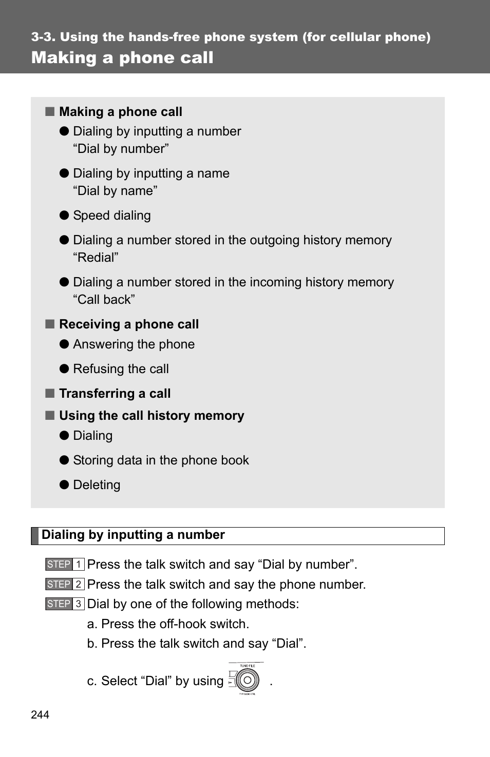 P. 244, Making a phone call | TOYOTA 2010 Corolla User Manual | Page 252 / 470