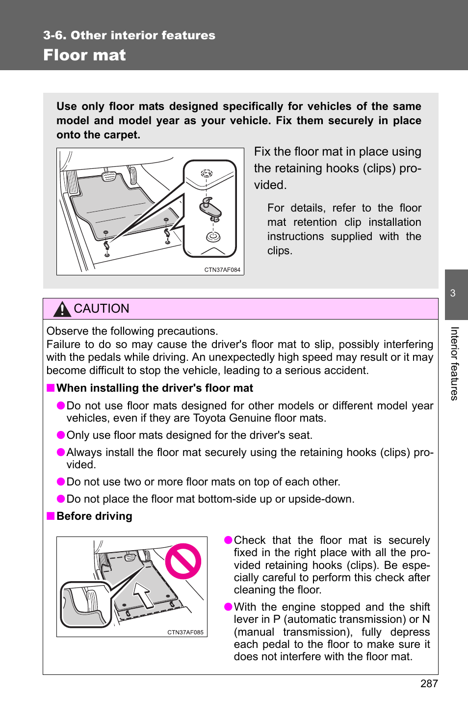 Floor mat | TOYOTA 2010 Corolla User Manual | Page 295 / 470