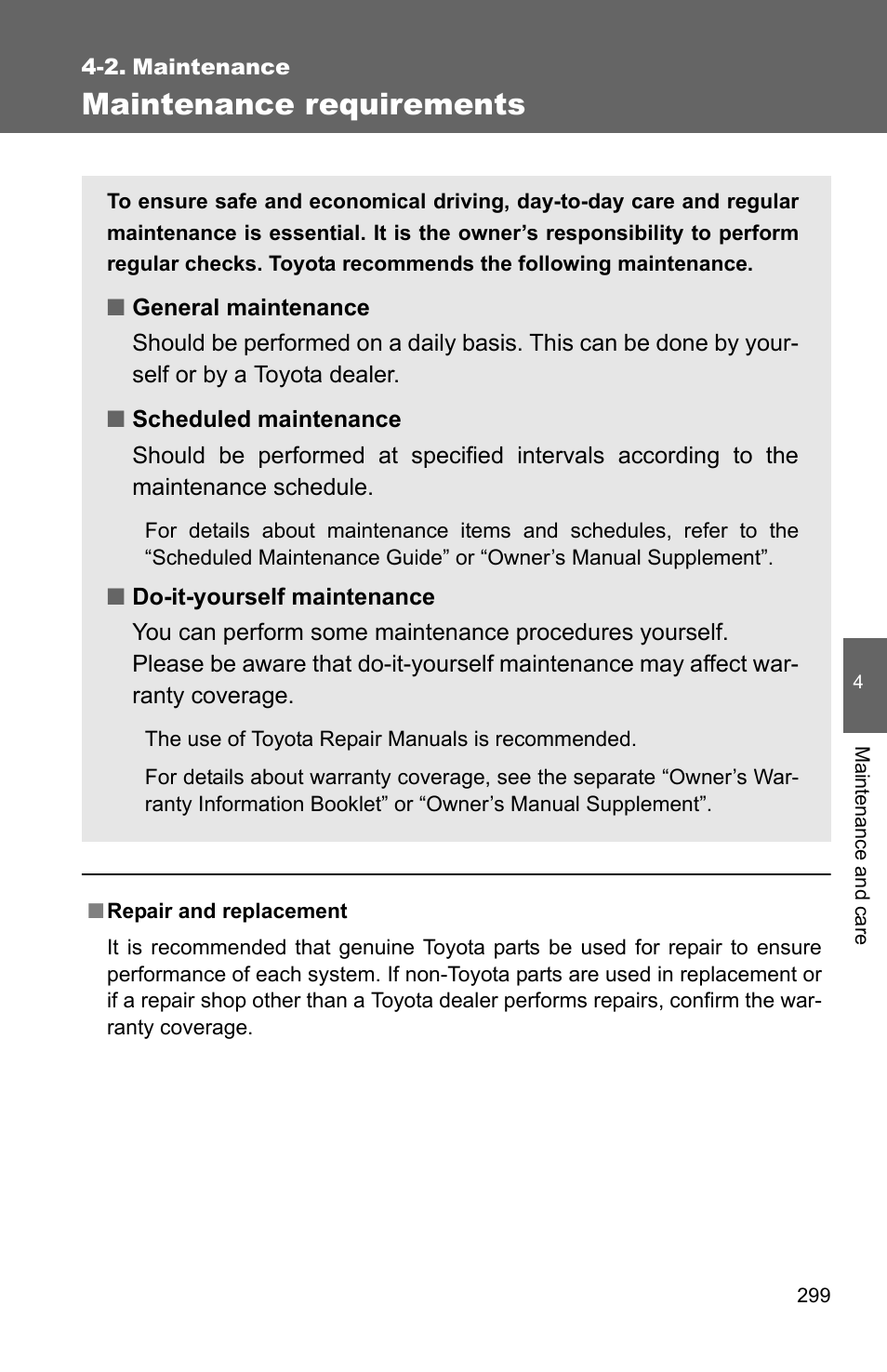 2. maintenance, Maintenance requirements | TOYOTA 2010 Corolla User Manual | Page 306 / 470