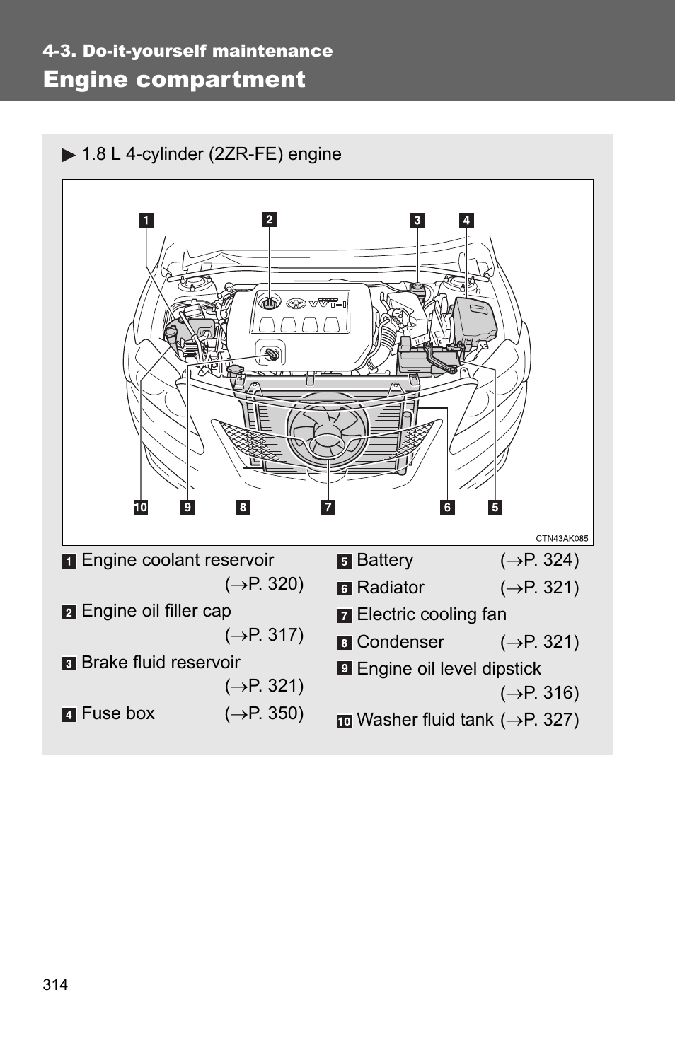 Engine compartment | TOYOTA 2010 Corolla User Manual | Page 321 / 470