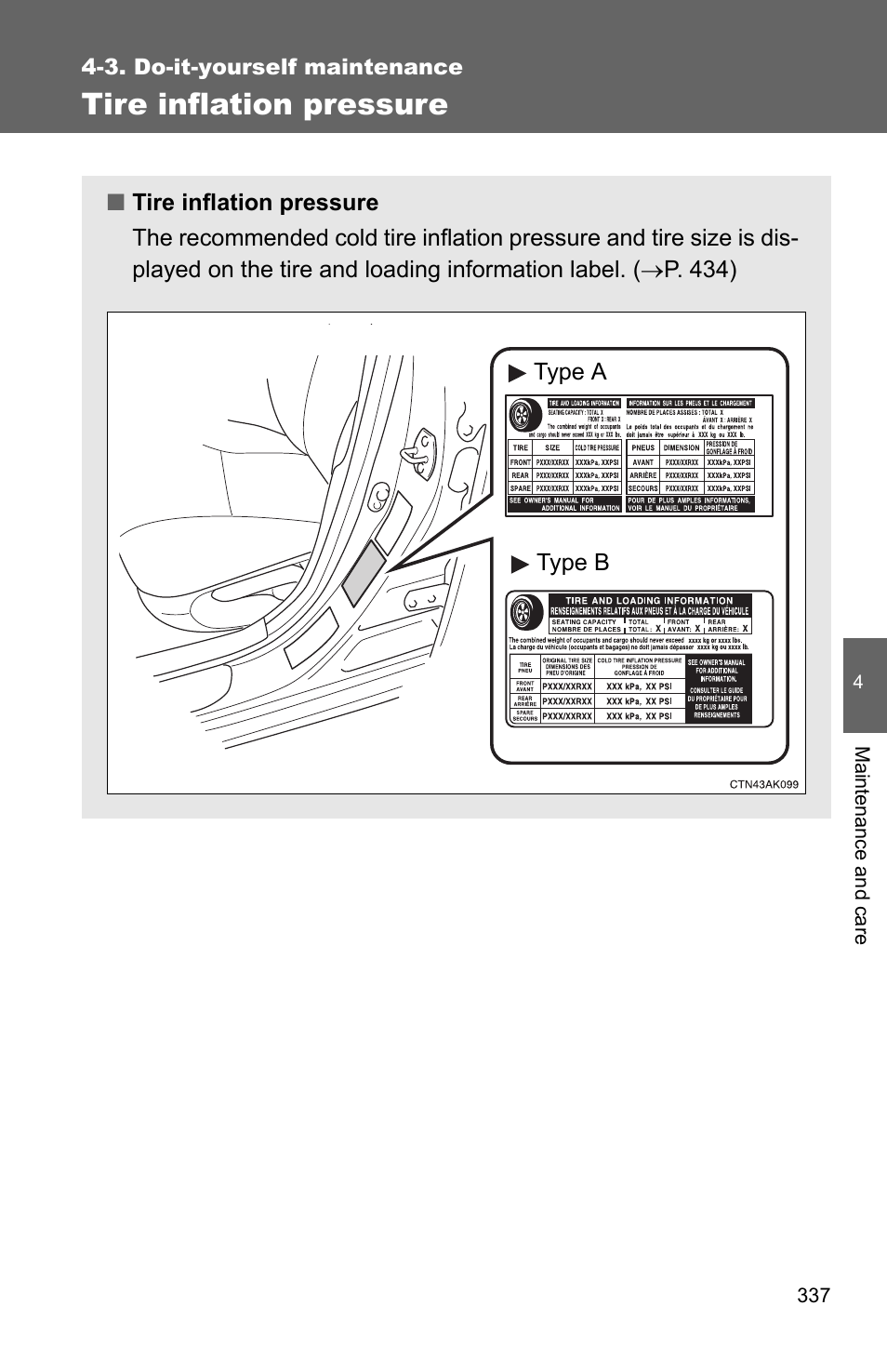 P. 337), Tire inflation pressure | TOYOTA 2010 Corolla User Manual | Page 344 / 470