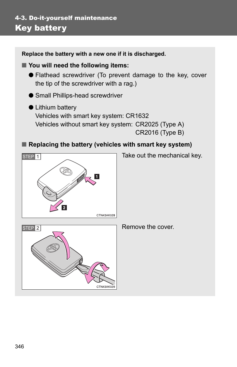 Key battery | TOYOTA 2010 Corolla User Manual | Page 353 / 470
