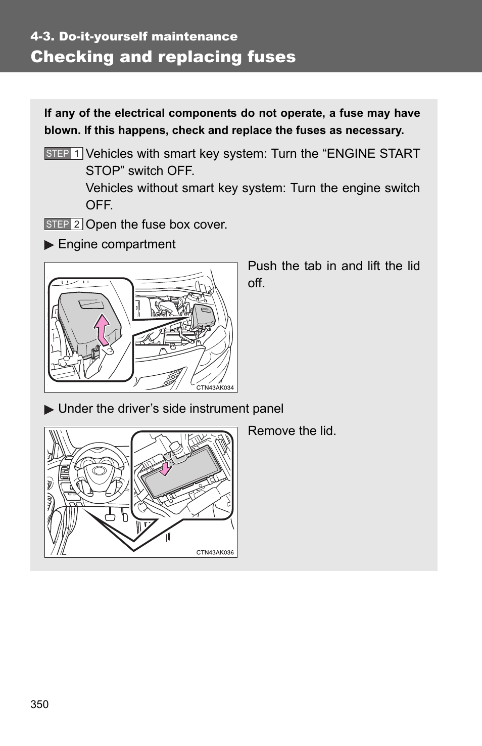 P. 350), P. 350, Checking and replacing fuses | TOYOTA 2010 Corolla User Manual | Page 357 / 470