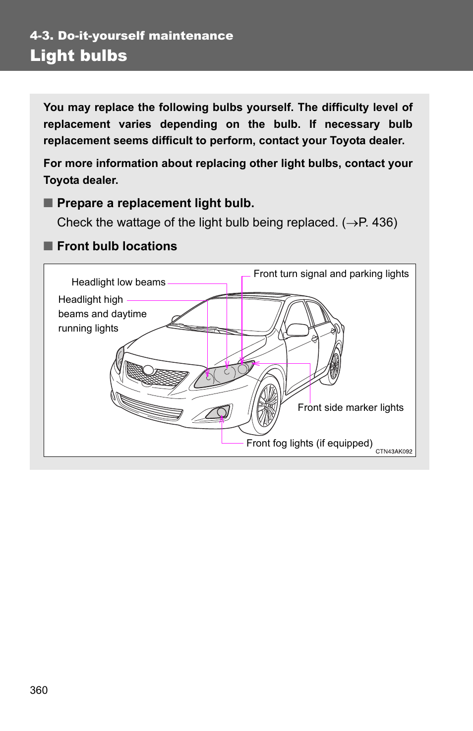 Light bulbs | TOYOTA 2010 Corolla User Manual | Page 367 / 470