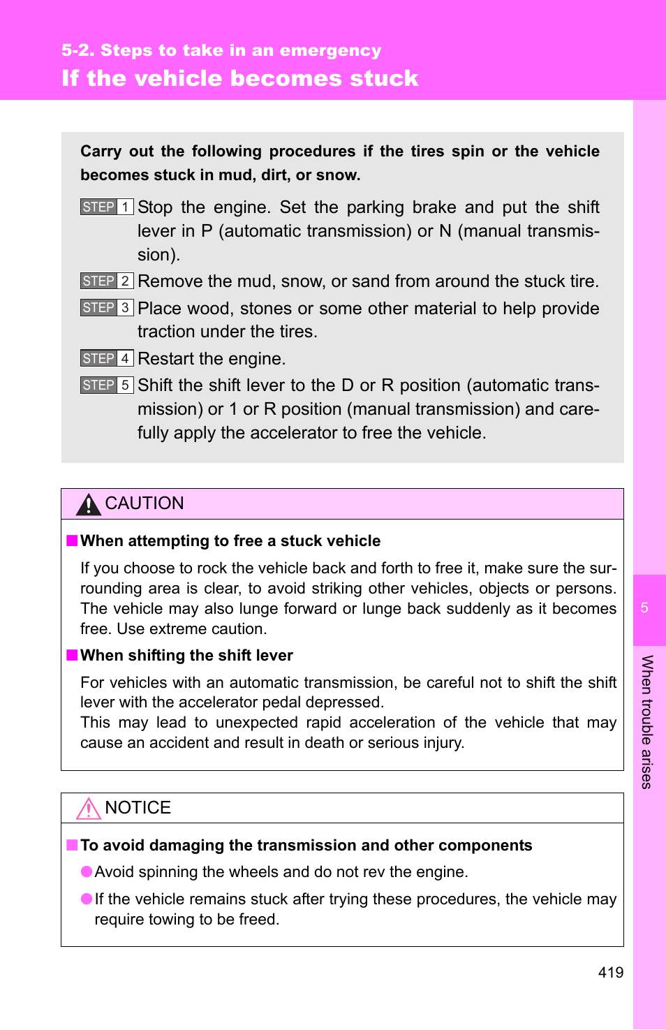 If the vehicle becomes stuck, Caution, Notice | TOYOTA 2010 Corolla User Manual | Page 425 / 470