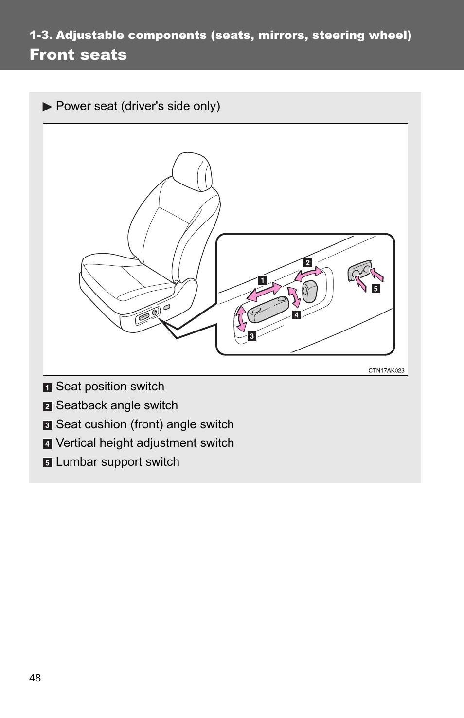 Front seats | TOYOTA 2010 Corolla User Manual | Page 58 / 470