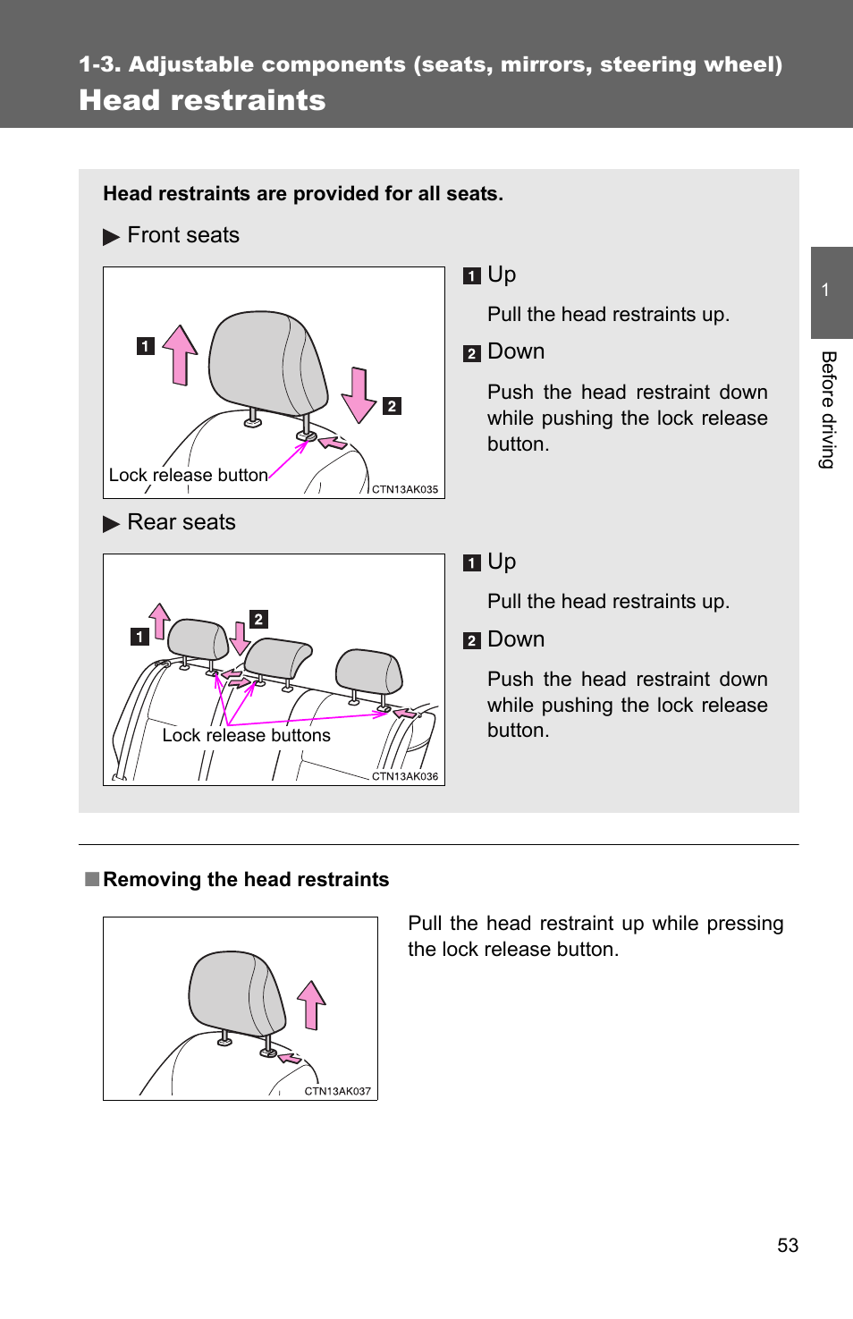 Head restraints | TOYOTA 2010 Corolla User Manual | Page 63 / 470