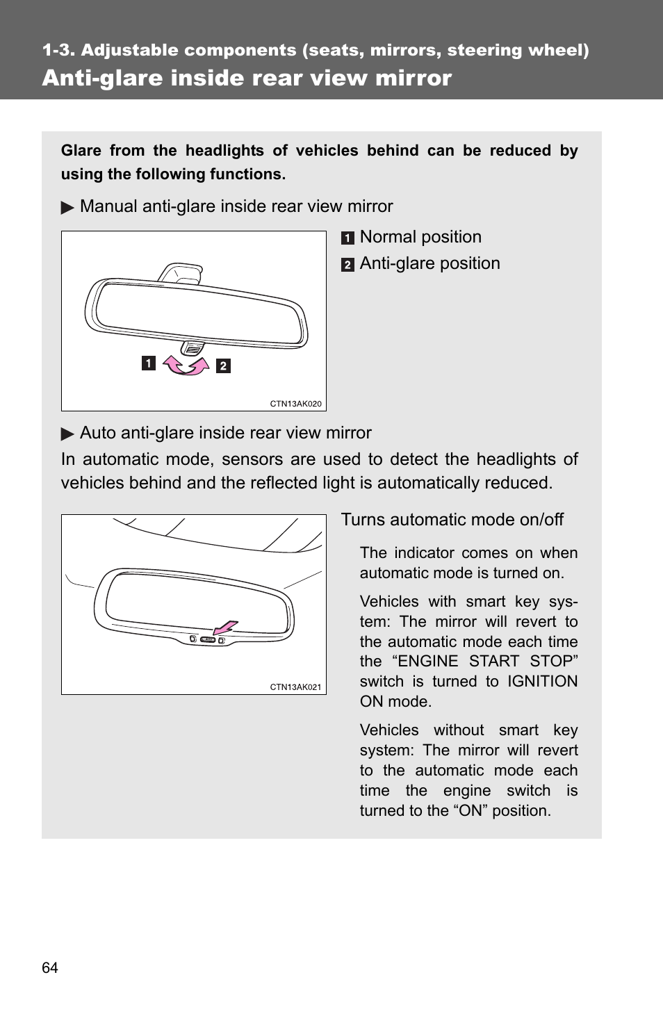 Anti-glare inside rear view mirror | TOYOTA 2010 Corolla User Manual | Page 74 / 470