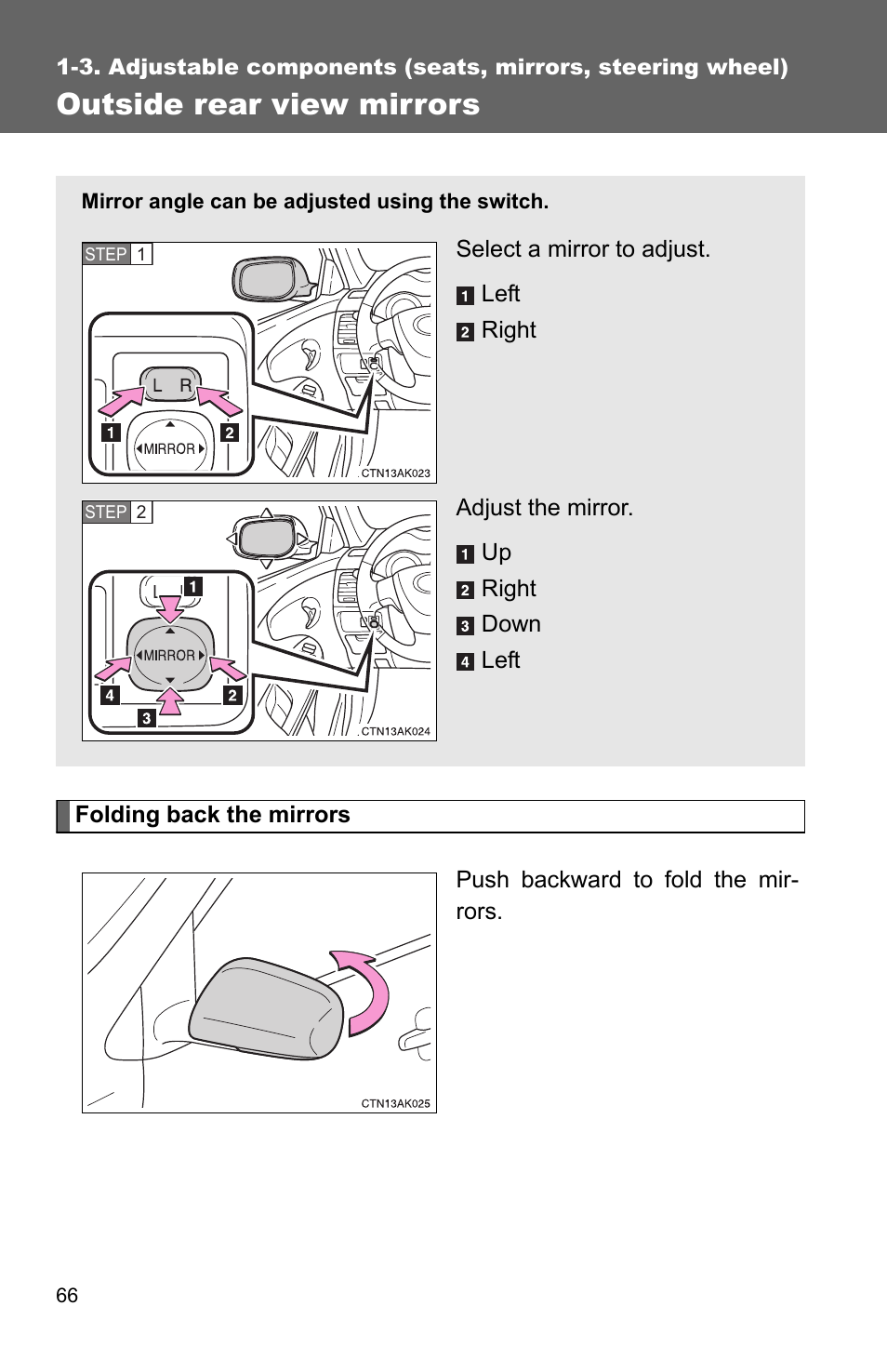 Outside rear view mirrors | TOYOTA 2010 Corolla User Manual | Page 76 / 470