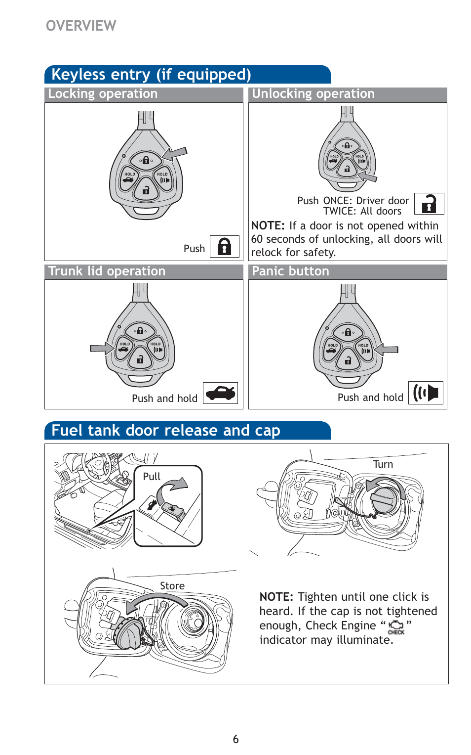 Keyless entry (if equipped), Fuel tank door release and cap, Overview | TOYOTA 2010 Corolla User Manual | Page 8 / 470