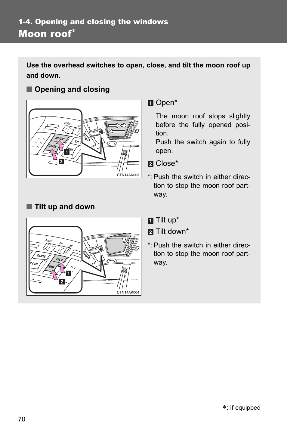 Moon roof | TOYOTA 2010 Corolla User Manual | Page 80 / 470