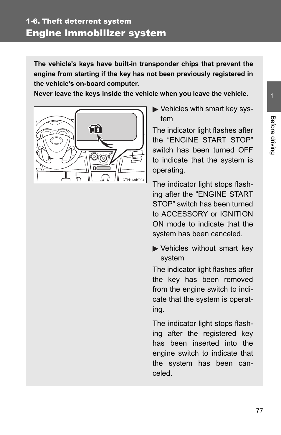 6. theft deterrent system, Engine immobilizer system | TOYOTA 2010 Corolla User Manual | Page 87 / 470