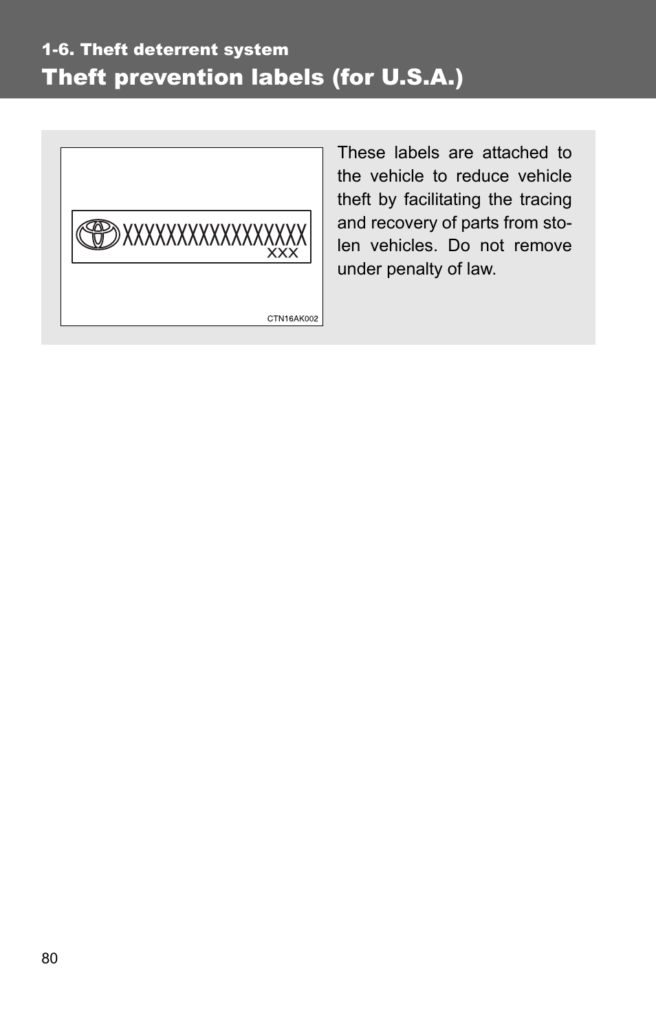 Theft prevention labels (for u.s.a.) | TOYOTA 2010 Corolla User Manual | Page 90 / 470