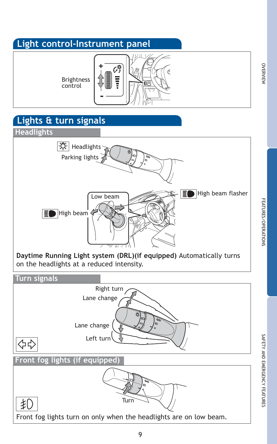 Light control-instrument panel, Lights & turn signals, Headlights | Turn signals, Front fog lights (if equipped) | TOYOTA 2010 Yaris User Manual | Page 11 / 406