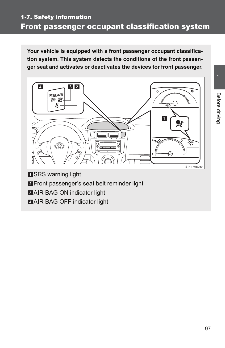 Front passenger occupant classification system | TOYOTA 2010 Yaris User Manual | Page 111 / 406