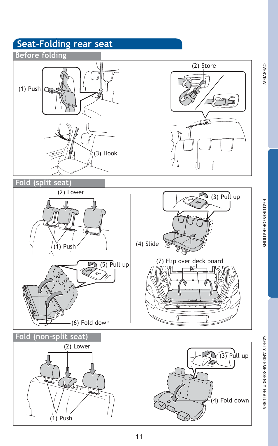 Seat-folding rear seat, Before folding, Fold (split seat) | Fold (non-split seat) | TOYOTA 2010 Yaris User Manual | Page 13 / 406