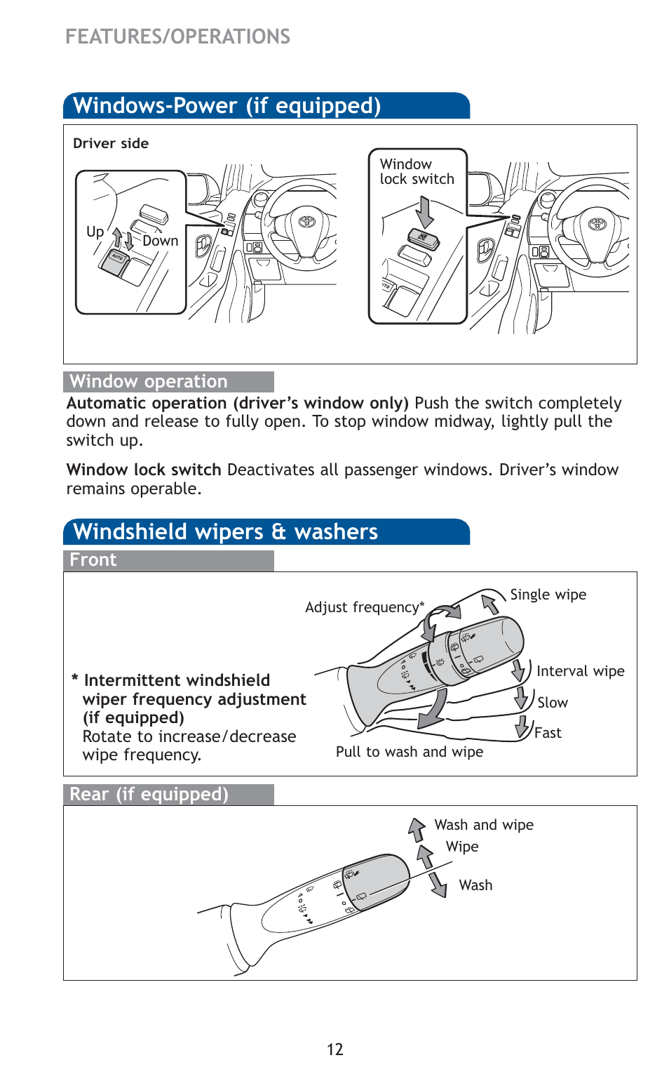 Windows-power (if equipped), Windshield wipers & washers, Features/operations | TOYOTA 2010 Yaris User Manual | Page 14 / 406