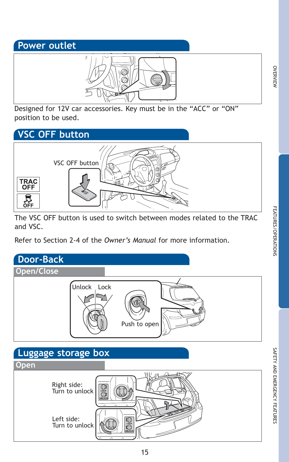 Luggage storage box, Power outlet, Door-back | Vsc off button, Open, Open/close | TOYOTA 2010 Yaris User Manual | Page 17 / 406