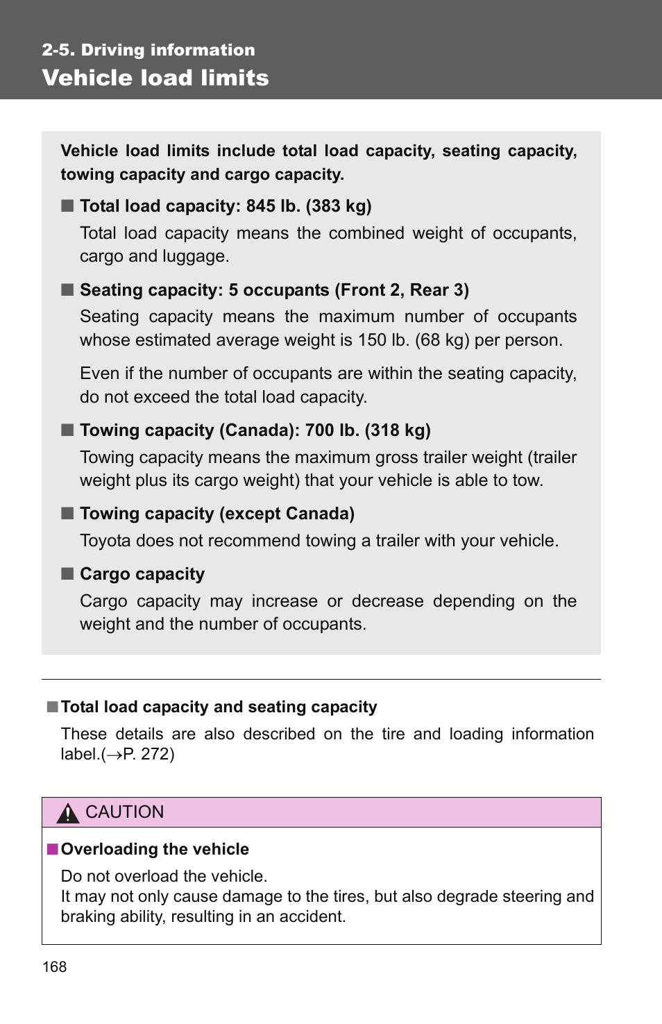 Vehicle load limits | TOYOTA 2010 Yaris User Manual | Page 181 / 406