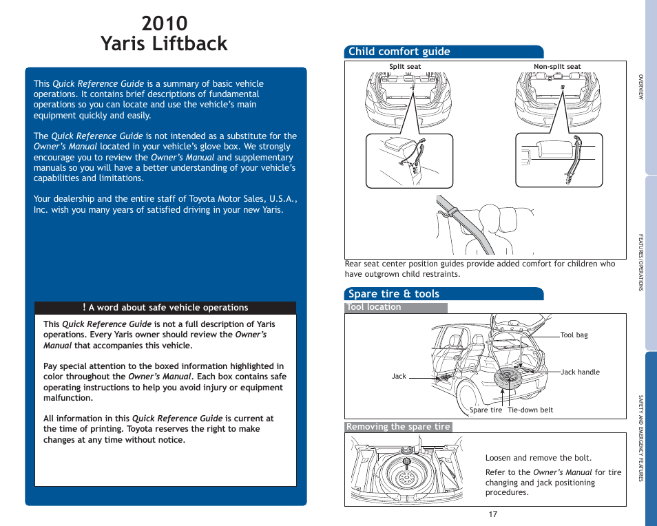 2010 yaris liftback, Spare tire & tools, Child comfort guide | TOYOTA 2010 Yaris User Manual | Page 2 / 406