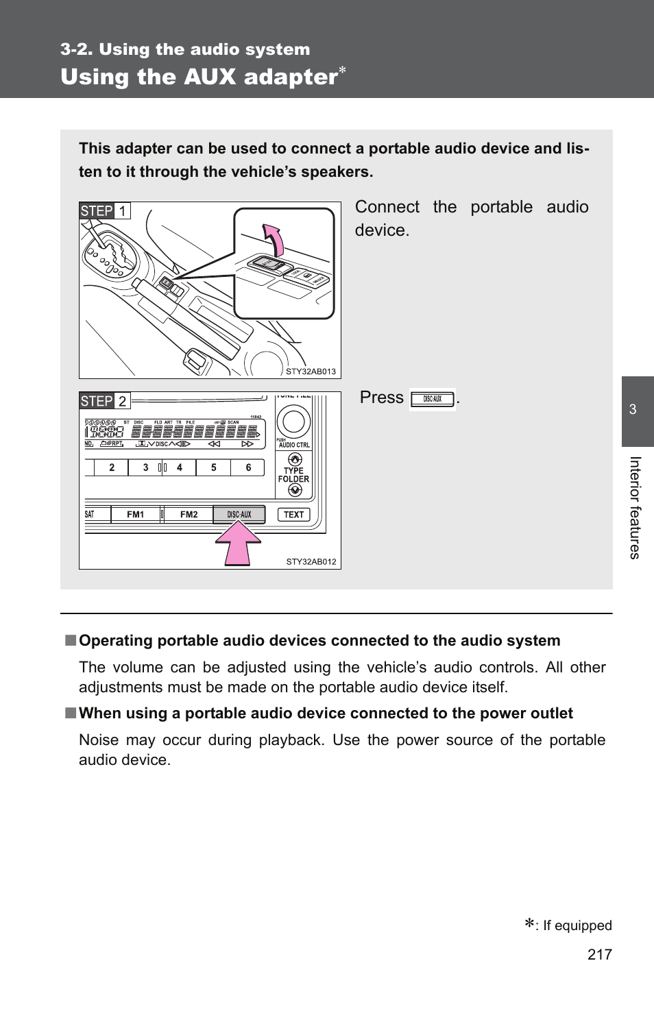 Using the aux adapter | TOYOTA 2010 Yaris User Manual | Page 229 / 406