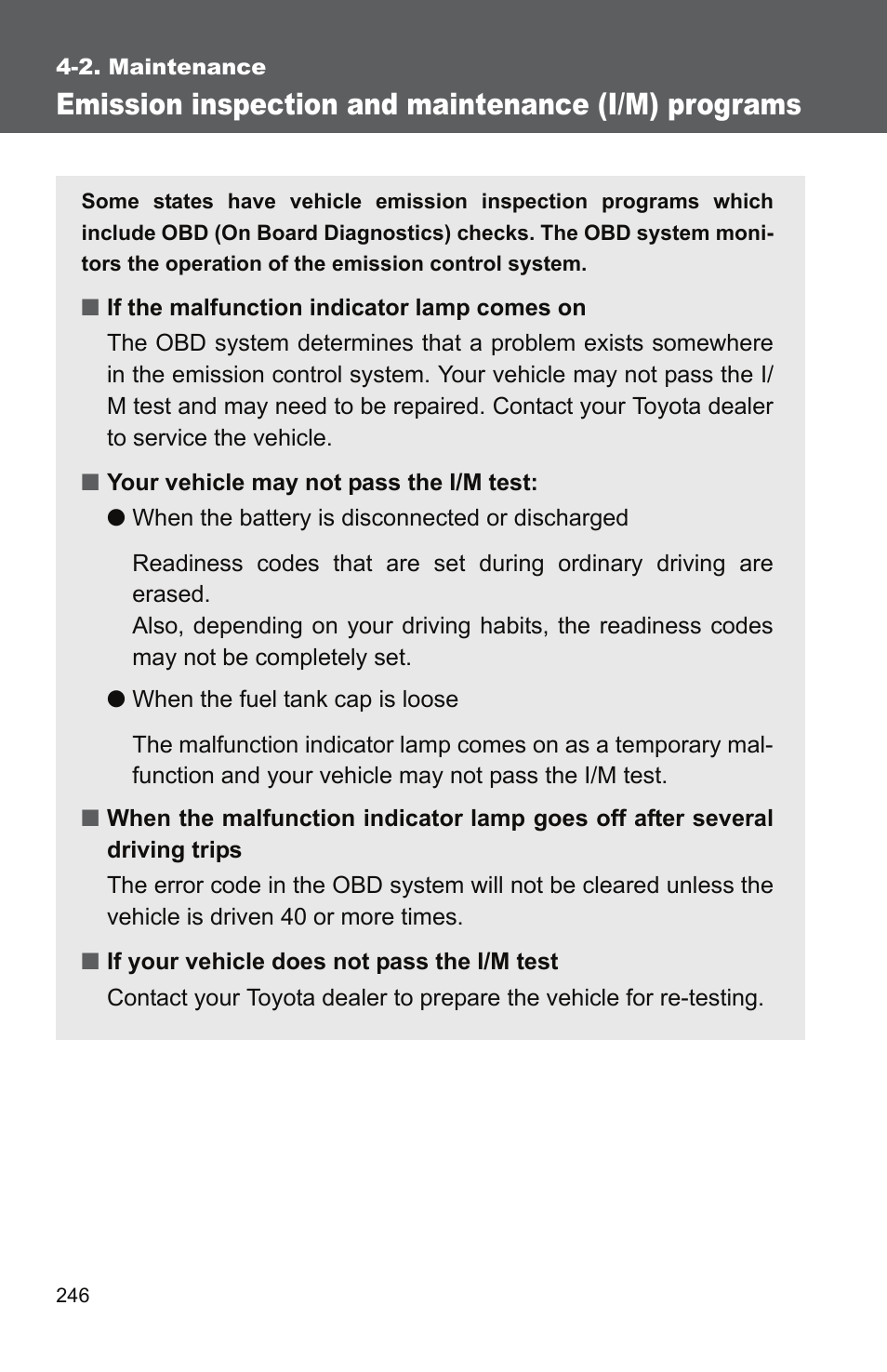 Emission inspection and maintenance (i/m) programs | TOYOTA 2010 Yaris User Manual | Page 257 / 406