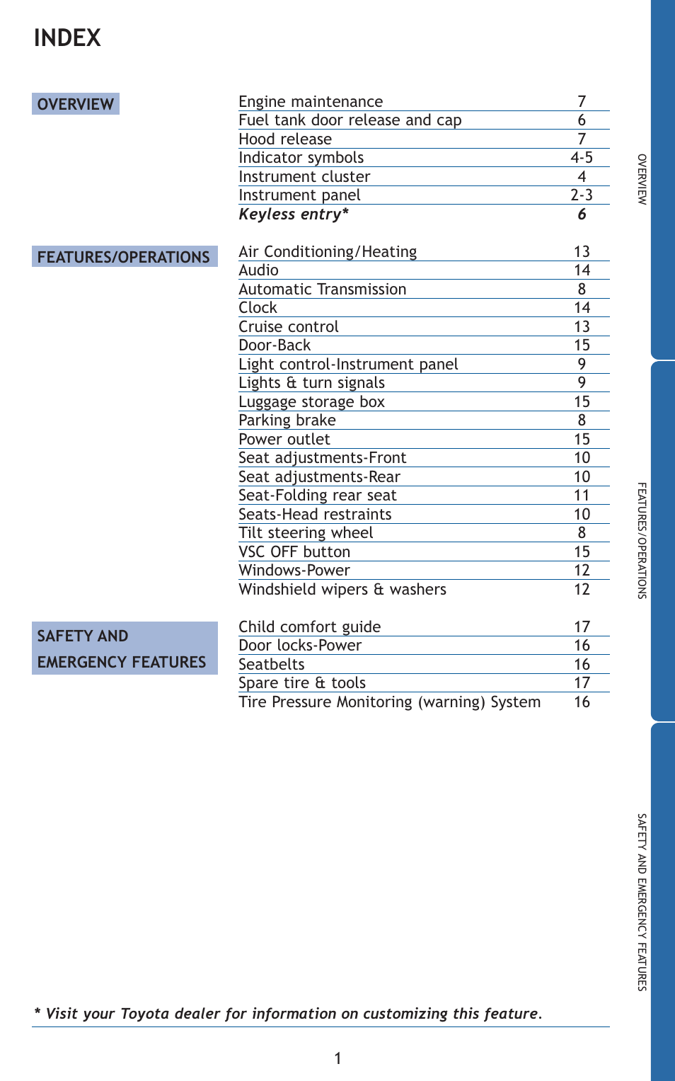 Index | TOYOTA 2010 Yaris User Manual | Page 3 / 406