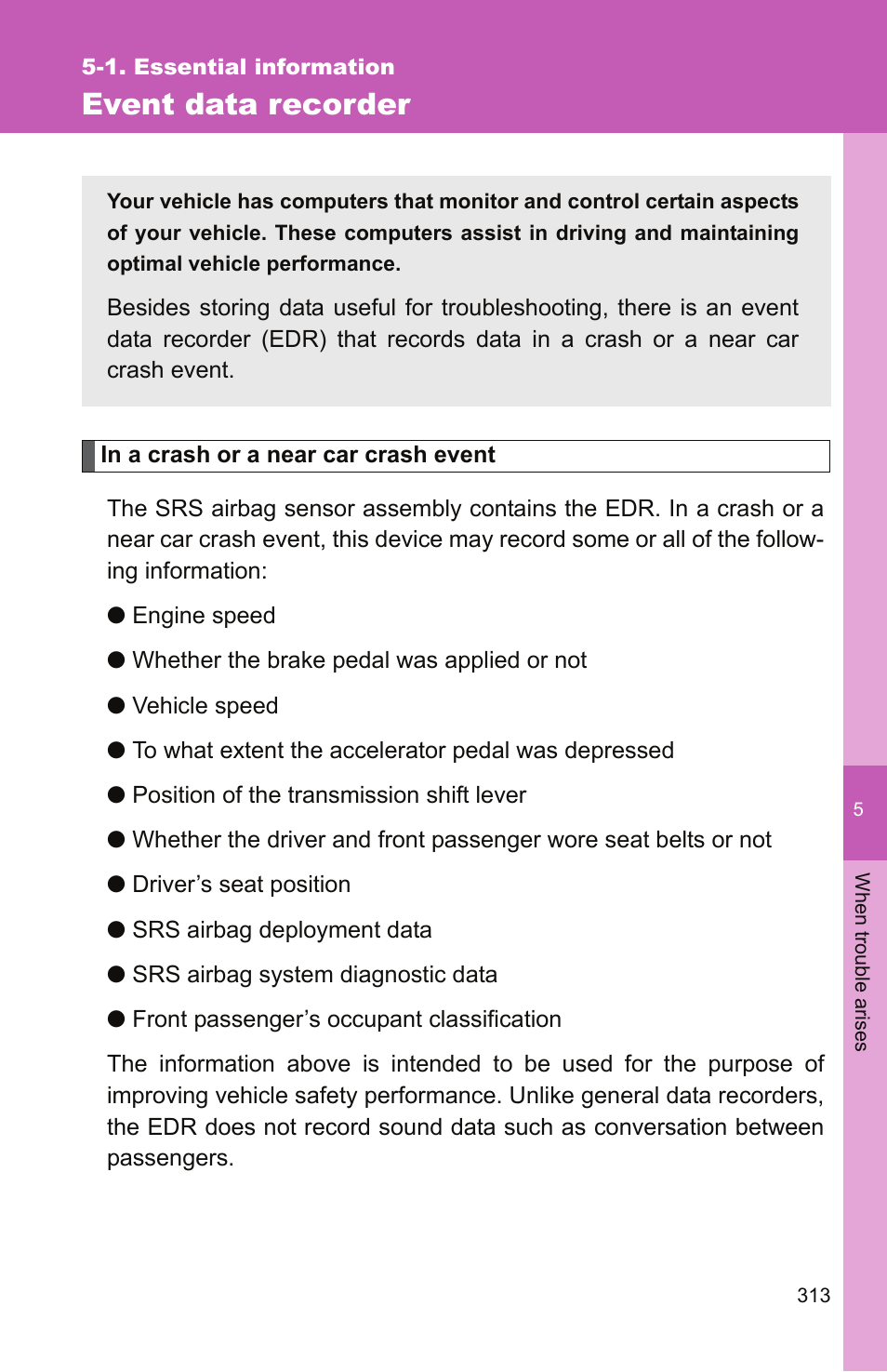 Event data recorder | TOYOTA 2010 Yaris User Manual | Page 323 / 406