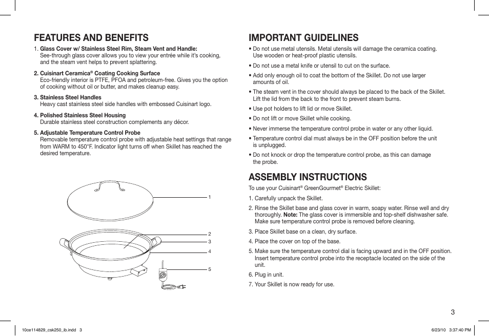 Features and benefits, Important guidelines, Assembly instructions | Cuisinart GreenGourmet IB-9354A User Manual | Page 3 / 5