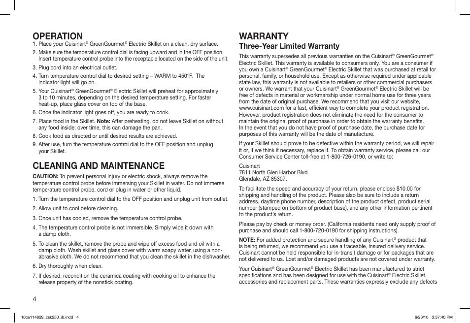 Operation, Cleaning and maintenance, Warranty | Three-year limited warranty | Cuisinart GreenGourmet IB-9354A User Manual | Page 4 / 5