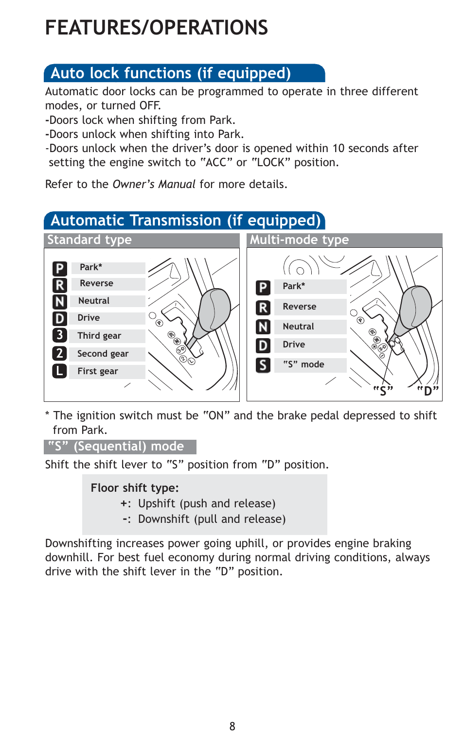 Features/operations, Automatic transmission (if equipped), Auto lock functions (if equipped) | S” (sequential) mode, Standard type multi-mode type, 32 l “s” “d | TOYOTA 2010 Matrix User Manual | Page 10 / 461