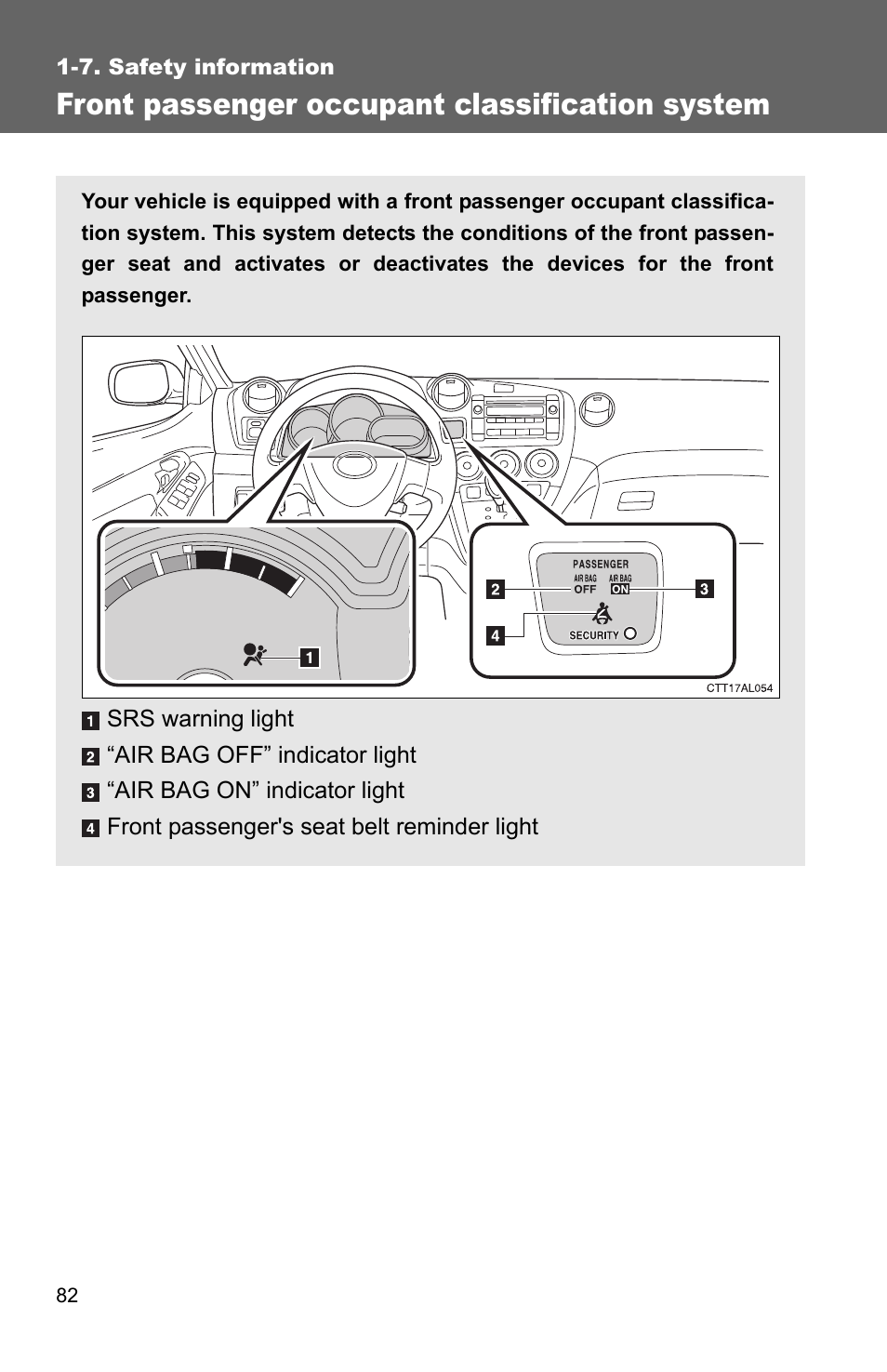 Front passenger occupant classification system | TOYOTA 2010 Matrix User Manual | Page 104 / 461